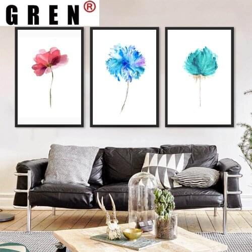 GREN Nordic Red Blue Green Watercolor Flower Floar Canvas Painting Wall Art Print Poster Picture Modern Living Room Home Decor