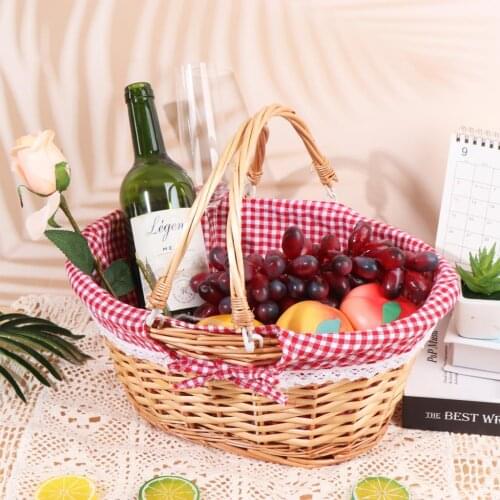 Picnic Basket, Woven Natural Wicker Basket with Double Handles and Cloth Lining for Food Sundry Container Fruit Storage Promotio