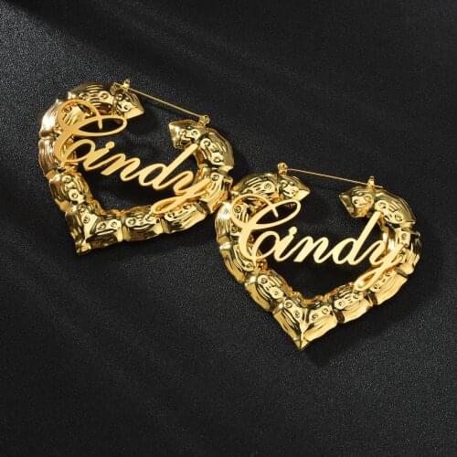 Hip Hop Round Heart Bamboo Earrings Bamboo Custom Name Personalized Letter Punk Hoop Nameplate Hoop-earrings Stud Jewelry Gifts