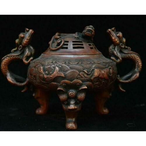 7" Old Chinese Palace Bronze Dragons Loong Beast Lion Head Incense Burner Censer