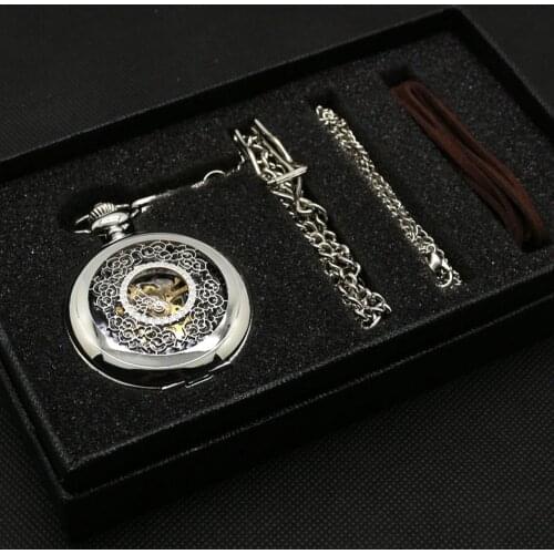 Antique Gift Set Skeleton Steampunk Mechaical Pocket Watch Hollow Carving Flower Pattern Pendant Clock + Gift Box Bag