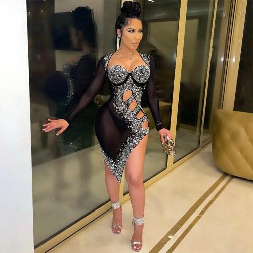 Sheer Mesh Rhinestone Sexy Bodycon Dresses Women Square Collar Long Sleeve See Through Dress Fashion Hollow Side Split Vestido