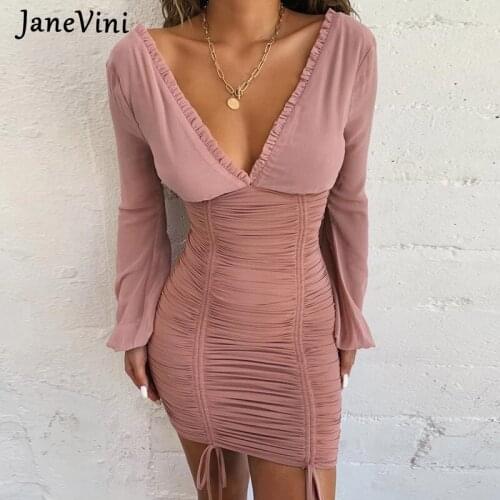 JaneVini Mesh Summer Women Bodycon Mini Dresses Sexy Deep V Neck Long Sleeve Ladies Short Pleated Slim Elastic Bandage Dress New
