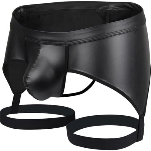 Sexy Man Boxers PU Leather Boxer Shorts Male Gay Panties Erotic Jockstrap Hollow Out Erotic Underwear Mens U Convex Penis Pouch