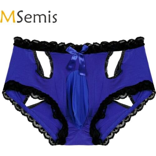 Mens Lingerie Sissy Panties Hollow Out Lace Trim Briefs Low Waist Elastic Waistband Bulge Pouch Underpants Underwear