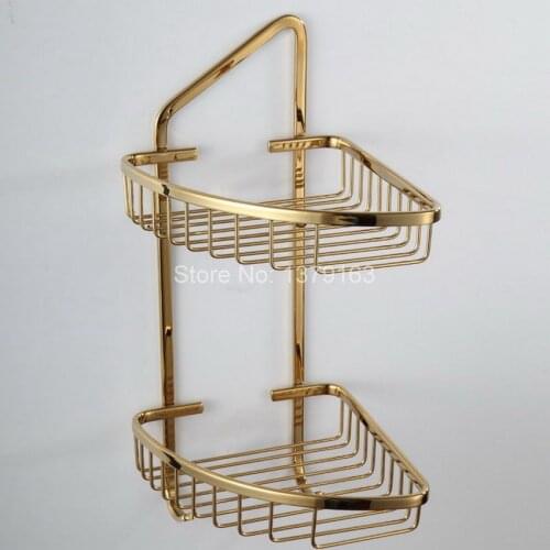 Gold Color Polished Chrome Brass Large Corner Shower Storage Basket and Robe Hook aba098
