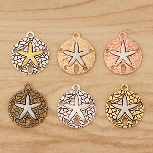 10 Pieces Tibetan Silver/Bronze/Gold Sand Dollar with Starfish Charms Pendants for Bracelet Necklace Jewellery Making 22x19mm