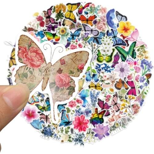 100pcs/Pack Cartoon colorful flower butterfly Stickers Waterproof For Skateboard Guitar Luggage Kids Toys wall decal stickers