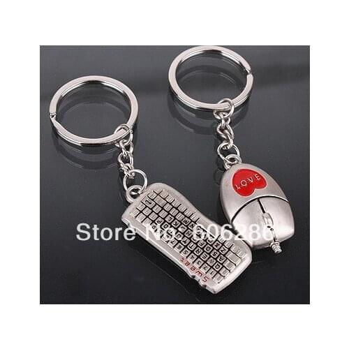 400pcs=200pairs/lot New keyboard mouse alloy lover keychain couple keyring valentine and wedding present gifts