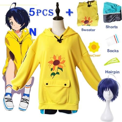 Anime Wonder Egg Priority Ohto Ai Cosplay Costume Wig Yellow Hooded Sweater Hoodie Shorts Hairpin Socks Pullover Role Play