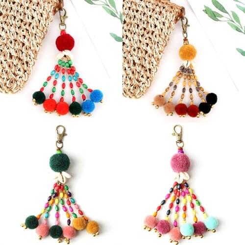 1Pc Boho Style Summer Beach Shell Keychain Colorful Pompom Keyring For Women Bag Hanging Wooden Bead Accessories
