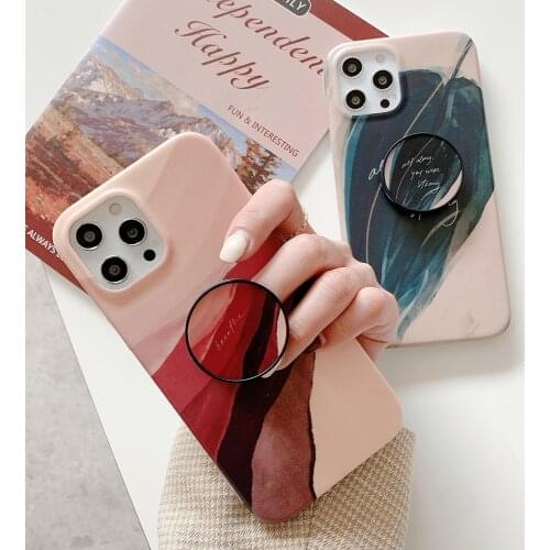 Matte Graffiti With Holder Phone Case For iPhone 11 12 Pro Max XS 7 8 Plus Mini XR X SE 2020 Cute Floral Painting Cover Coque