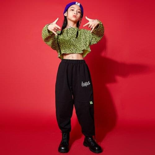 Kids Ballroom Hip Hop dancing Outfits Leopard Print Sweatshirt Crop Tops TShirt Pants for Girls Jazz Dance Wear Costume Clothes