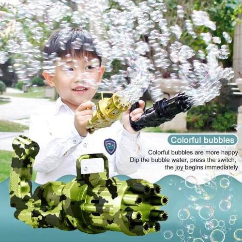 Kids Automatic Gatling Bubble Gun Toys Summer Soap Water Camouflage Bubble Machine Fan 2-in-1 Function Electric Bubble Machine