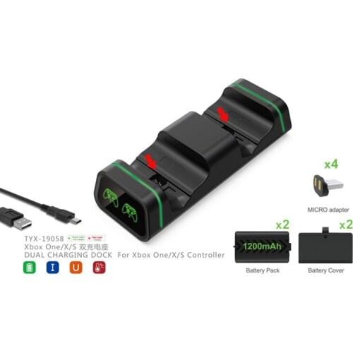 Dual Charging Dock Charger Stand 2*1200mAh Battery Pack 2*Battery Cover 4*Micro Adapter USB Cable for Xbo xOne/X/Slim Controller