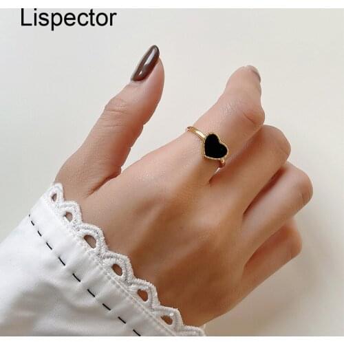 Lispector 925 Sterling Silver Korean Simple Black Agate Love Heart Rings for Women Temperament Matching Ring Female Jewelry Gift