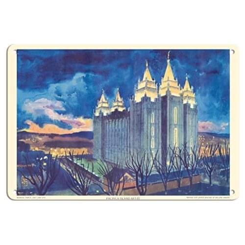 Mormon Temple - Salt Lake City, Utah - United Air Lines - Airline Travel Poster by Millard Sheets c.1952- Metal Sign
