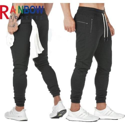 Rainbowtouches Mens Fitness Pants Solid Color Running Training Hanging Towel Design Zipper Slim Stretch Pants Superior Quality