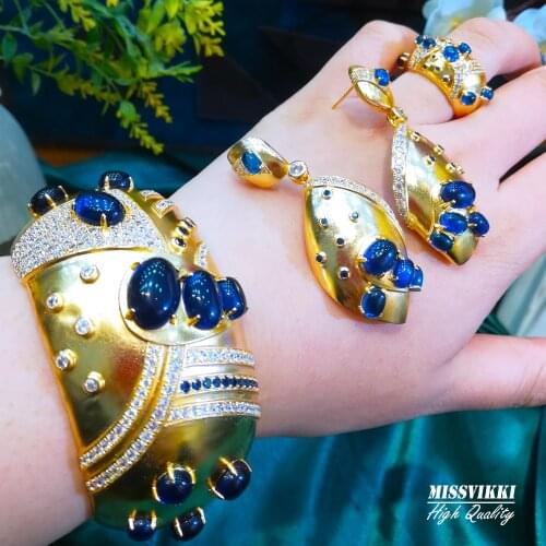 New Trendy Dubai Style Luxury Wide Bangle Earrings Ring Jewelry Set for Noble Women Bridal Wedding Party Show High Quality