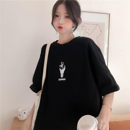 Casual Loose Cartoon Print T-shirt Womens T-shirts Tops Japanese Kawaii Ladies Ulzzang Female Korean Harajuku Clothes For Women