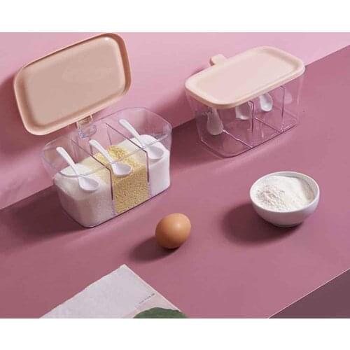 3-Grid Transparent Spice Jar Seasoning Box Kitchen Spice Storage Jars with Spoon Salt Pepper Cumin Powder Box Kitchen Organizer