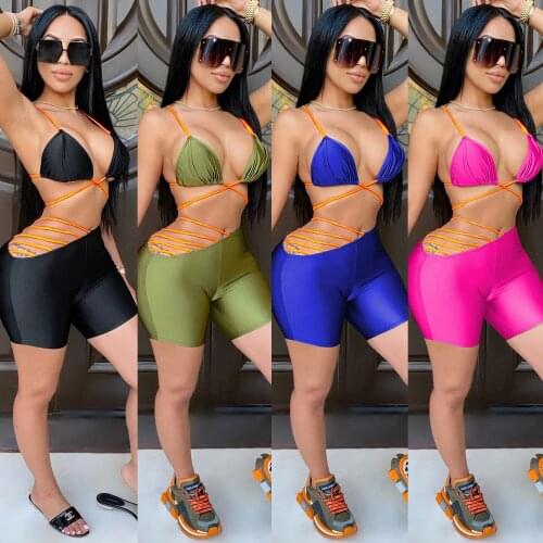 Sexy Lace Up Two Piece Set Swimsuit Open Back Halter Bra Top One Side Hollow Out Shorts Beach Bikini Sets Women Club Outfits