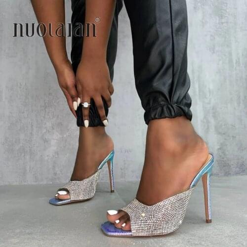 Summer Women Pumps 2020 rhinestone High Heels Sandals Sexy Square Toe Heels Mules Fashion Wedding Party Shoes Women