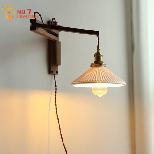 Japanese Vintage Retro Telescopic Swing Arm Wall Lamp Ceramic Wood Wall Mounted Art Decor Home Bedroom Bedside Corridor Study