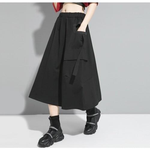 ASYMSAY Womens Summer Casual Skirt Black Color Personality Skirt Pocket Ribbon Decoration Skirt Female Fashion Clothes AL1379