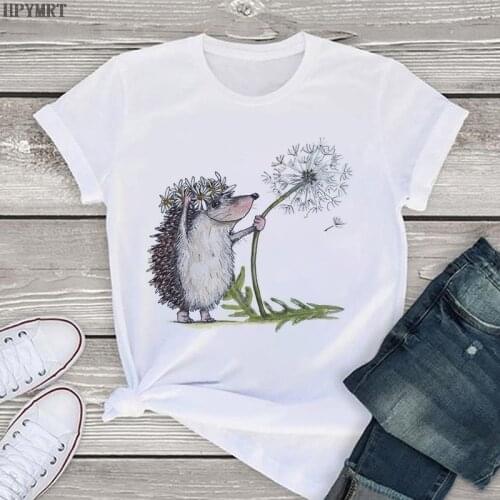 Hedgehog and dandelion printed female T-shirt summer Harajuku womens large size top T shirt fashion casual short-sleeved Tshirt
