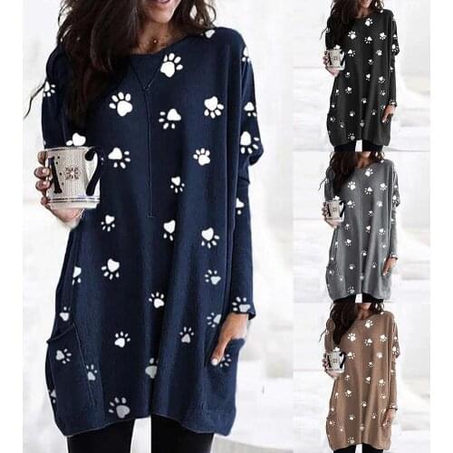 Women New Stylish Casual Autumn O Neck Paw Print Pockets Tunic Tops Long Blouse Pullover