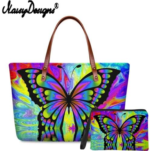 Noisydesigns 2Pcs/set Composite Bags Women Shoulder Bags With Coin Purse Colorful Trippy Butterfly Pattern Handbag Purse Wallet