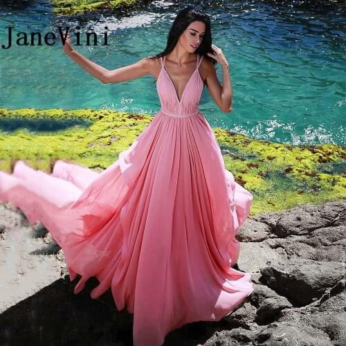 JaneVini Arabic Pink Prom Dresses Long Chiffon Bestidos De Gala Sexy Beaded Deep V Neck Evening Formal Party Gown Plus Size 2019