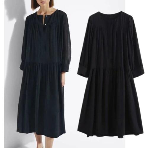 Jenny&Dave Summer Dress Women Indie Folk Vintage Pleated Loose Black Party O-neck Midi Women Vestidos De Fiesta De Noche Top