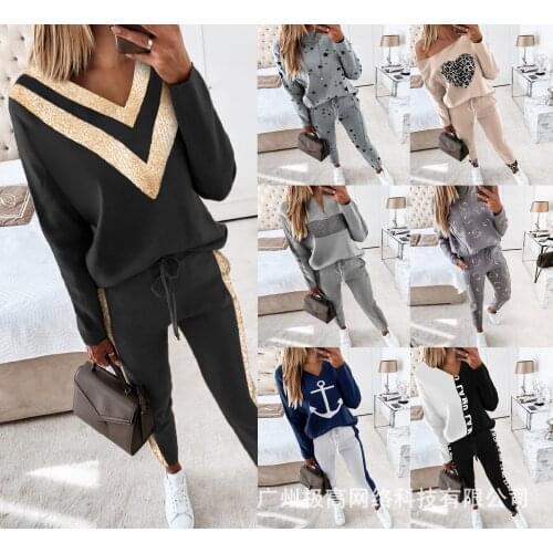 2021 high collar long sleeve pocket trousers casual two-piece fall/winter sweater women