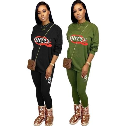 2021 Ins Internet Celebrity Famous Women Set 2Pcs Lette Print Solid Color Longsleeve Causal Suit