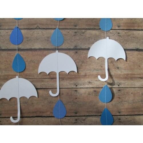Raindrop and Umbrella Garland - Vertical Garlands, White Umbrellas, Blues raindrops, Garland, Bridal Showers, Baby Showers