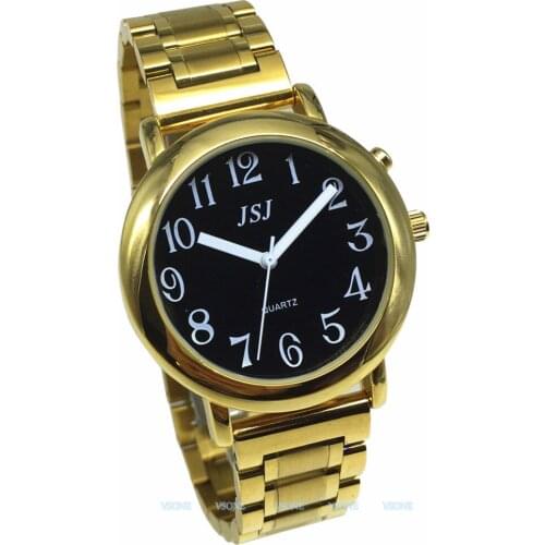 English Talking Watch with Alarm Function, Talking Date and time, Black Dial, Folding Clasp, Golden Case TAG-608
