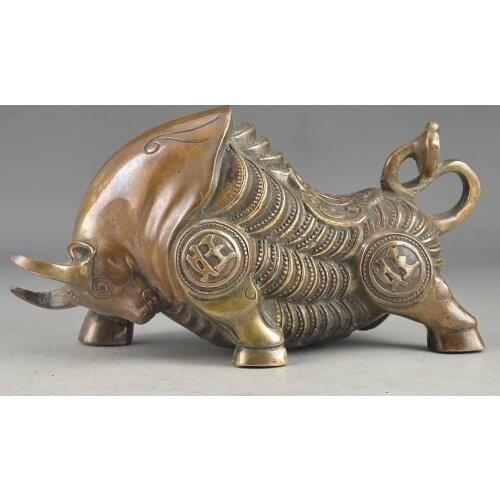 Chinese Brass Collectable Handwork Get Rich Embossment Exorcism Cow Statue Decor