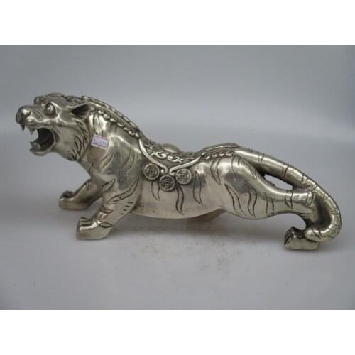 Collectible Decorated Old Handwork Tibet Silver Carved Big Tiger Statue/Animals Sculpture
