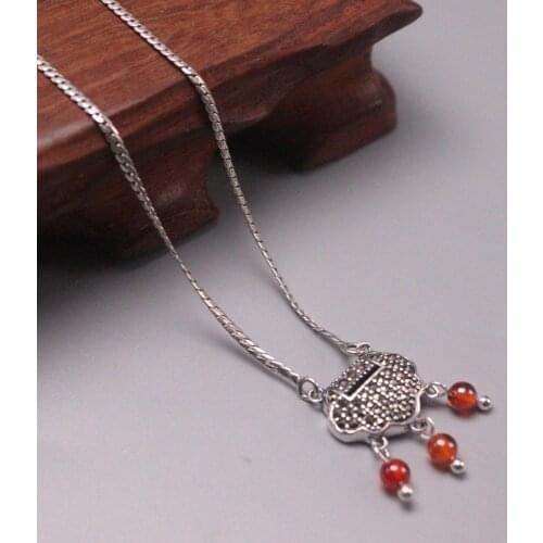 Real Silver 925 Pendant Blessing For Women Baby Pendant Lucky Longevity Lock Red Garnet Beads Lock Plate