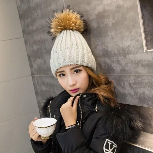 New Fashion Women Real Raccoon Fur Skullies & Beanies Super fox fur ball Wool hat Childrens Winter fur Knitted Caps