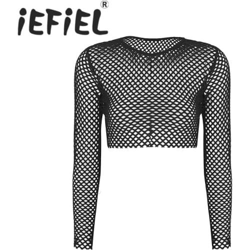 IEFiEL New Arrival Women Adults See Through Elastic Fishnet Long Sleeve Hollow Out Mesh Nightwear Clubwear T-shirt Cover Up