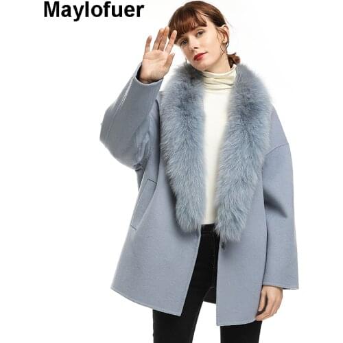 Maylofuer New chic large wool collar woolen coat womens mid winter long silhouette woolen coat