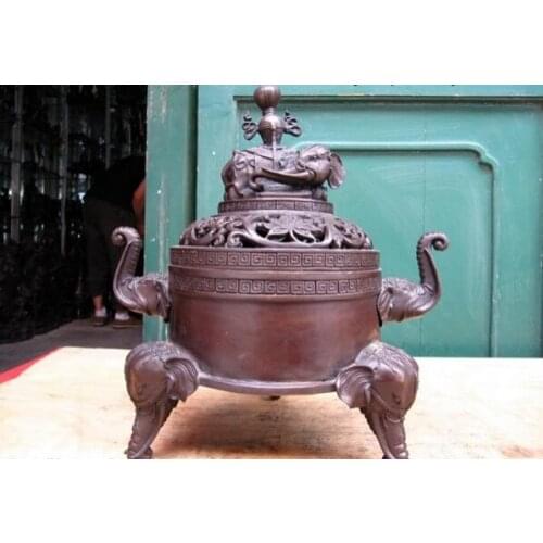 Song voge gem S1302 Tibet temple classical Pure Bronze Elephant Zun God incense burner Censer