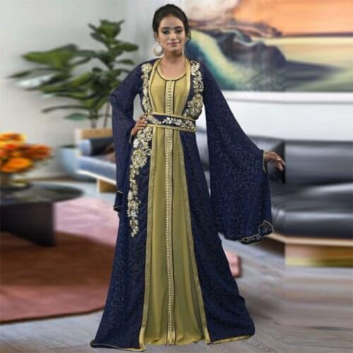 Luxury Dark Blue Beading Crystal Moroccan Kaftan Evening Dresses Dubai Appliques Prom Dress Arabic Muslim Special Occasion Gown