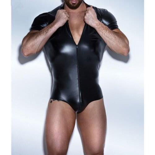 S-5XL Black Mens Patent Leather Short Sleeves Front Zipper One-piece Leotard Boxer Bodysuit Jumpsuit Male Nightclub Clothes
