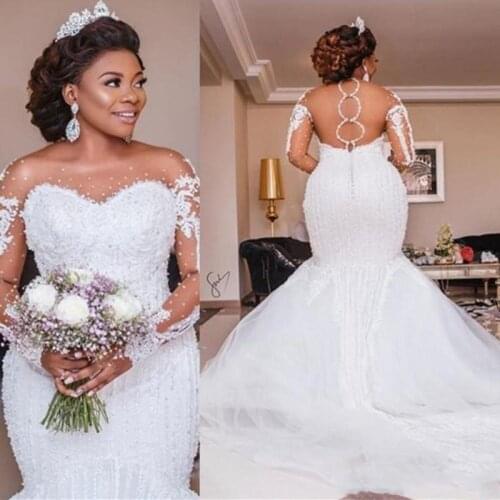 Mermaid Wedding Dresses Sheer Long Sleeve High Neck Crystal Beads Chapel Train African Arabic Bridal Gowns Plus Size Customized