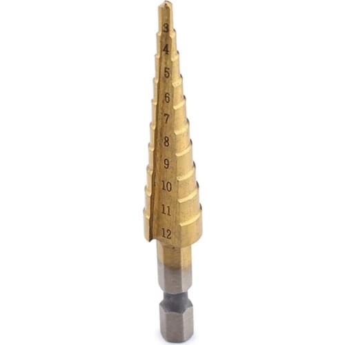 HSS Hex Shank Titanium Step Drill Bit Straight Flute 3-12 mm/ 0.12-0.47 inch Woodworking Dirlling Tap Tool