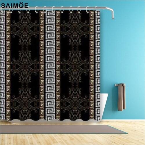 Fabric Shower Curtain Hooks Striped Baroque Antique Black Vintage Medieval Damask Flowers Scroll Leaves Gold Shower Sets